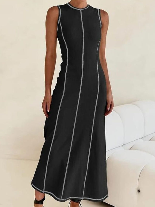 A-line Sleeveless Split-joint Striped Round-neck Maxi Dresses