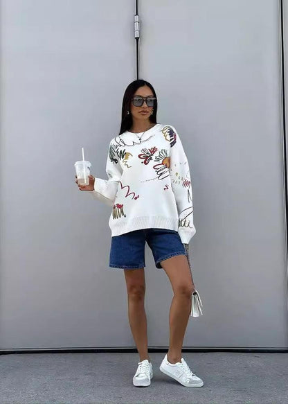 Colorful Abstract Print Crew Neck Oversized Sweater