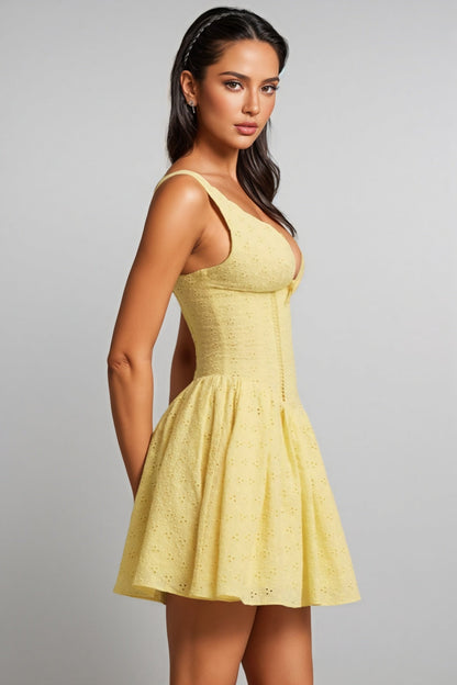 Averid Yellow Anglaise Bow A-line Mini Dress