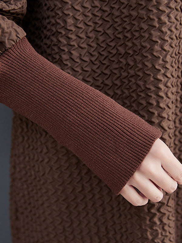 Long Sleeves Loose Split-joint Jacquard High-neck Sweater Dresses