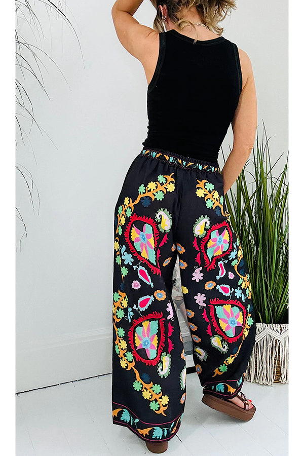 Hippie Style Unique Denim Print Elastic Waist Pocketed Wide Leg Pants