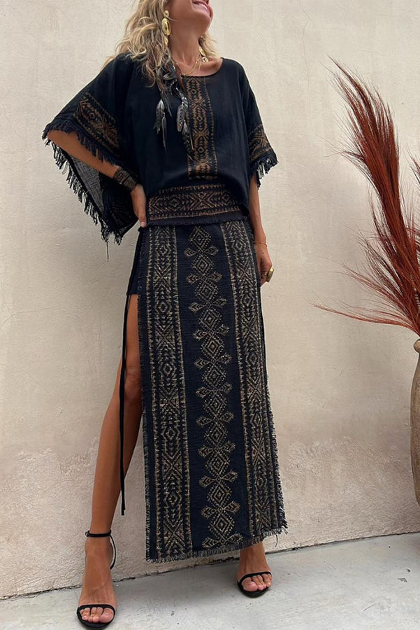 Alana Linen Blend Print Patchwork Side Lace-up Maxi Skirt