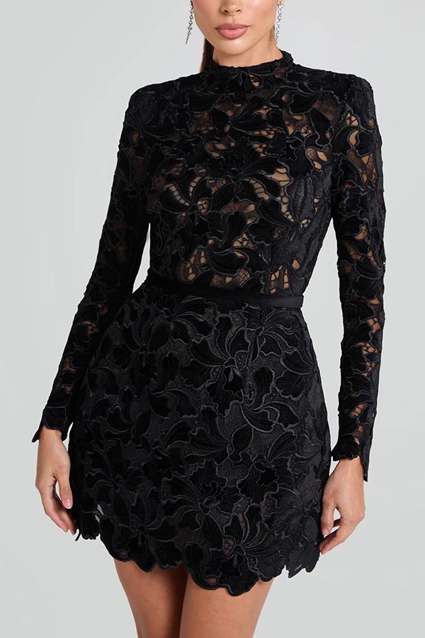 Lydia Embroidered Lace Long Sleeve Belt Tulip Shaped Mini Dress