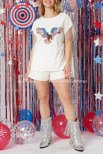 Extraordinary American Eagle Print Rhinestone Tassel Short Sleeve T-shirt