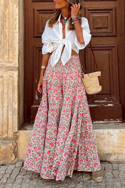 Frilled Elastic Waist Bohemia Maxi Flowy Skirt