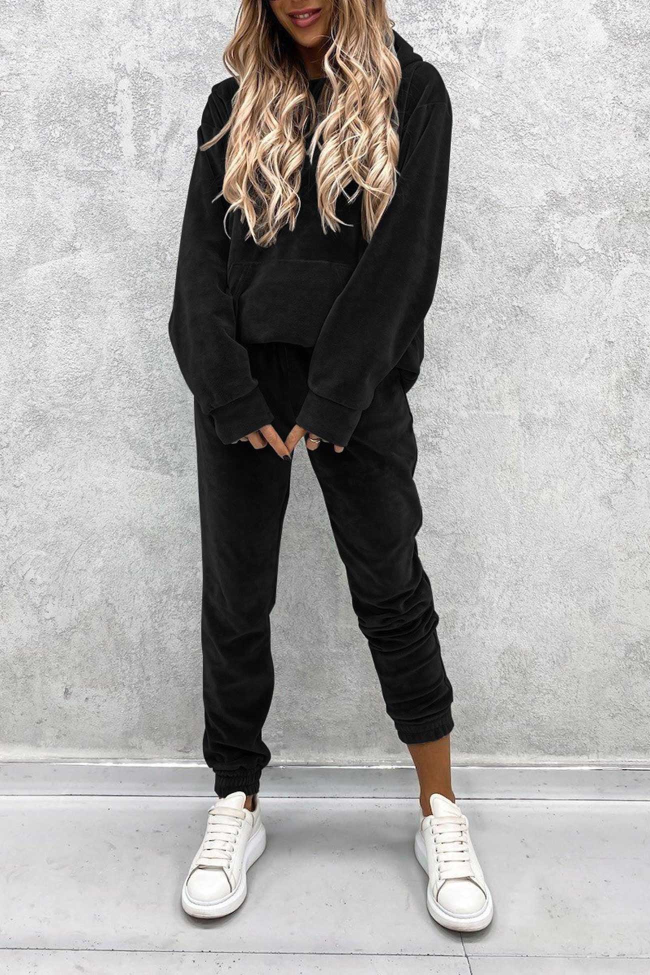 Velour Color Hoodie Long Pants Set