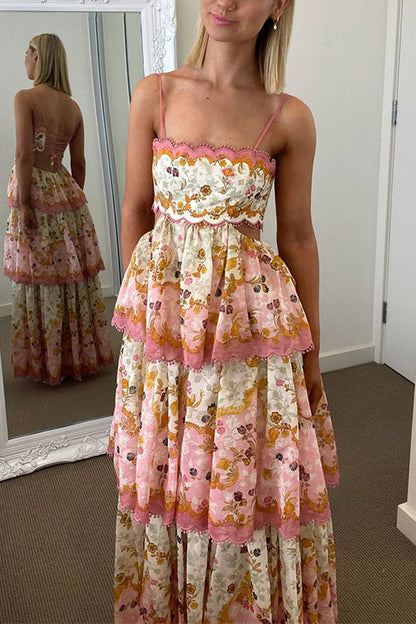 Moxidress Spaghetti Strap Back Lace-up Ruffle Layered Print Maxi Dress