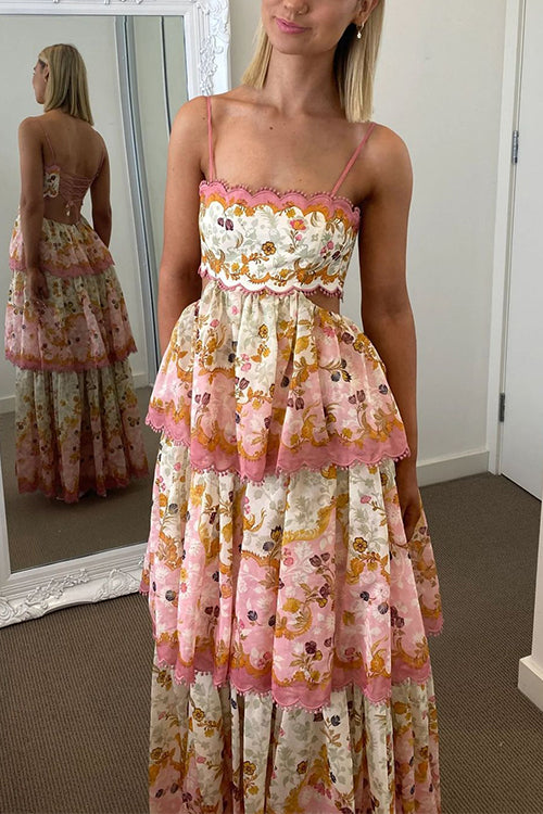 Spaghetti Strap Back Lace-up Ruffle Layered Print Maxi Dress