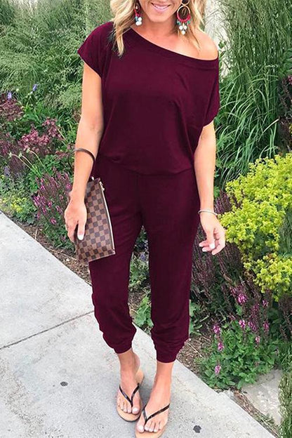 Moxidress Cold Shoulder Short Sleeves Elastic Waist Loungewear Jumpsuit
