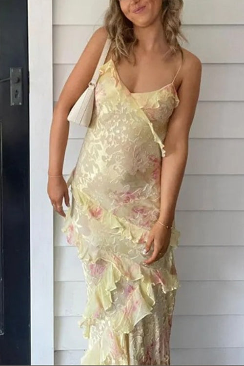 Moxidress Spaghetti Strap Backless Ruffle Trim Printed Maxi Dress