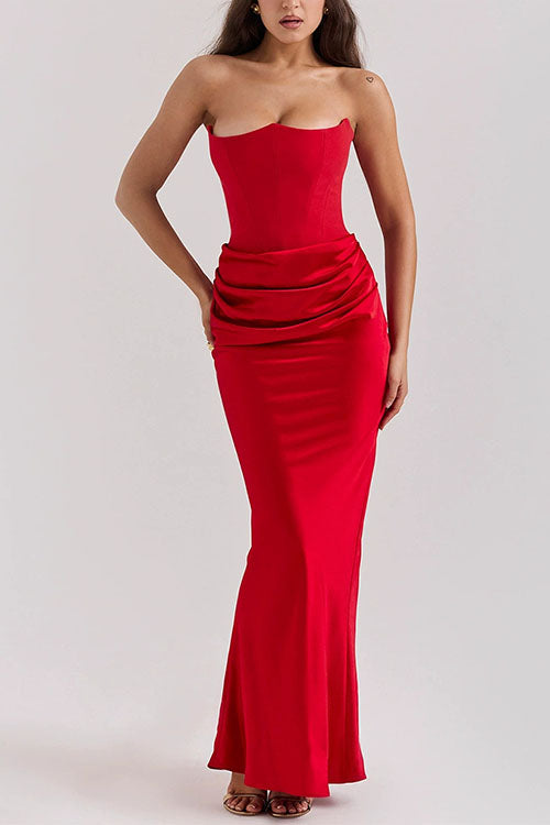 Moxidress Strapless Ruched Satin Splice Bodycon Maxi Dress