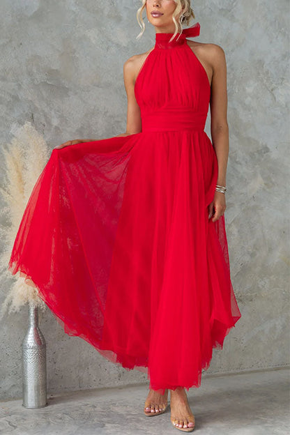 Moxidress Bow Knot Halter Open Back Tulle Maxi Dress