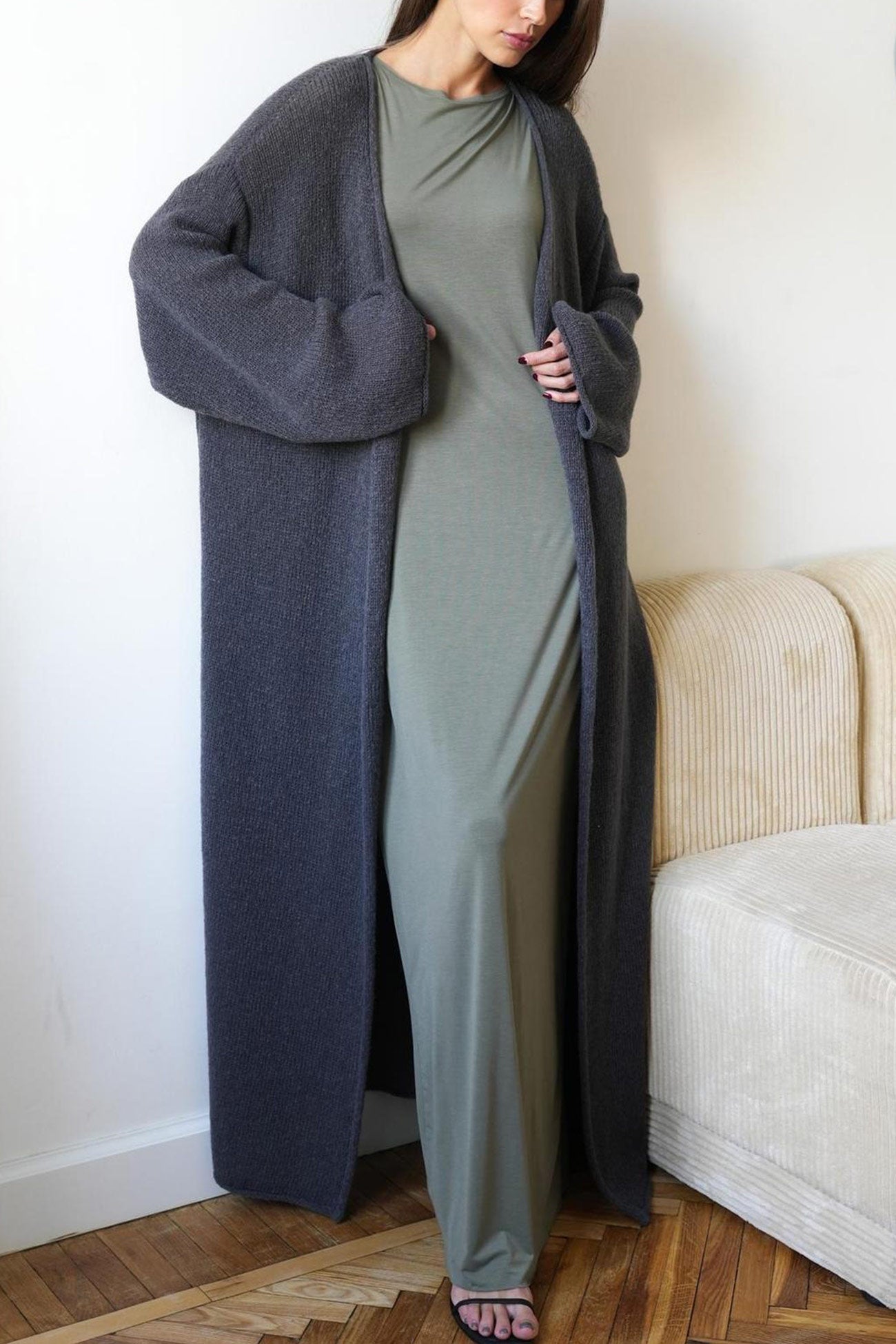 Color Open Front Long Cardigan