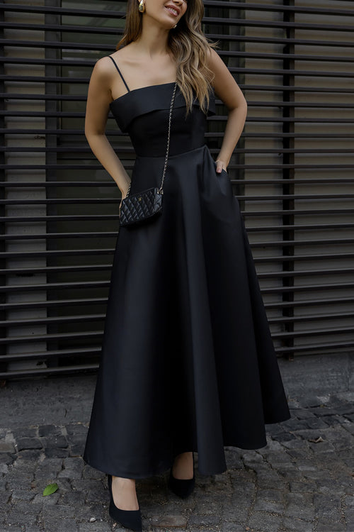 Spaghetti Strap Waisted A-line Satin Maxi Dress