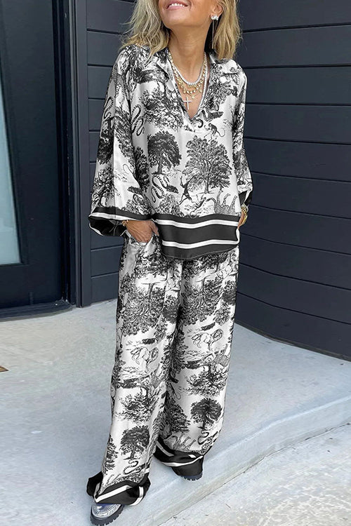 Lapel V Neck Long Sleeves Shirt Wide Leg Pants Printed Set