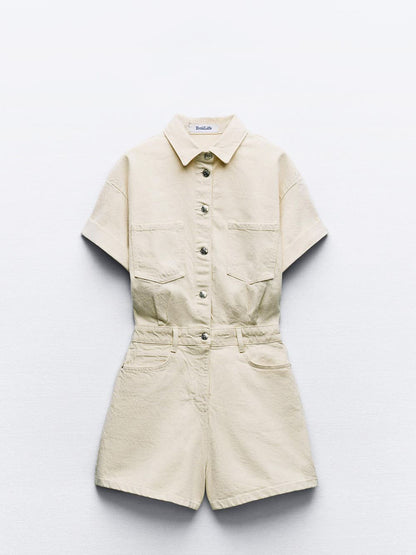 Mini Denim Cuffed-romper-beige