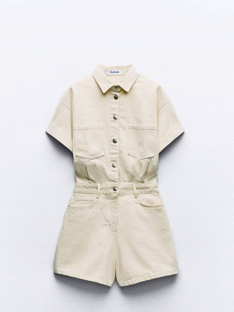Mini Denim Cuffed-romper-beige