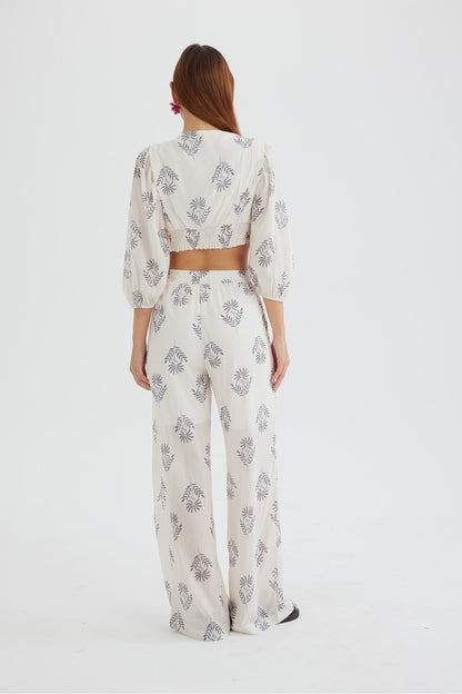 Print Puff Sleeve Knotted-front Tops Long Pants Suits