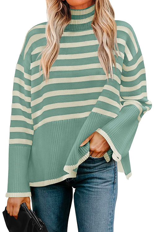 Turtleneck Side Split Striped Sweater