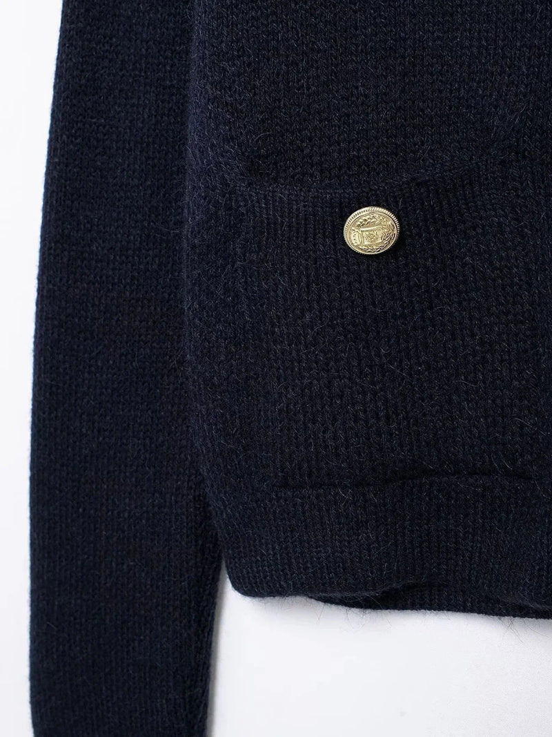 Gold Decorated Row Button Short Knitted Cardigan