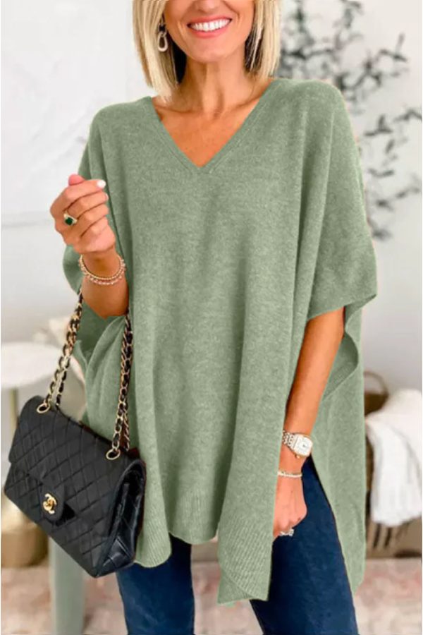 V Neck Loose Fit Poncho Sweater