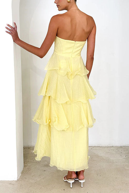 Moxidress Strapless Empire Waist Ruffle Layered Maxi Dress