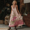 Vintage Classy Gradient Pink Roses Embroidered Linen Maxi Dress