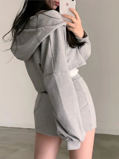Korean 2 Piece Set Hooded Zip-up Long Sleeve Cropped Coat + Drawstring Mini Skirt Autumn Spring Outfits