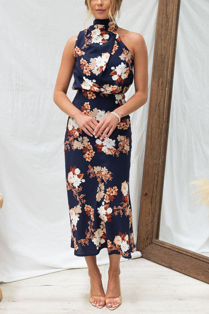 Wine Country Dates Halter Neck Elastic Waist Party Midi Dress