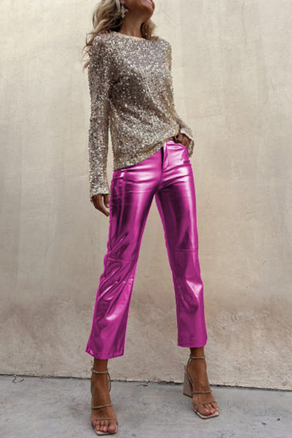 Sinclair Metallic Faux Leather High Rise Pocketed Straight Pants(shipped Within 24 Hours)