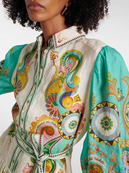 Unique Exquisite Print Puff Sleeve Tie Midi Dress