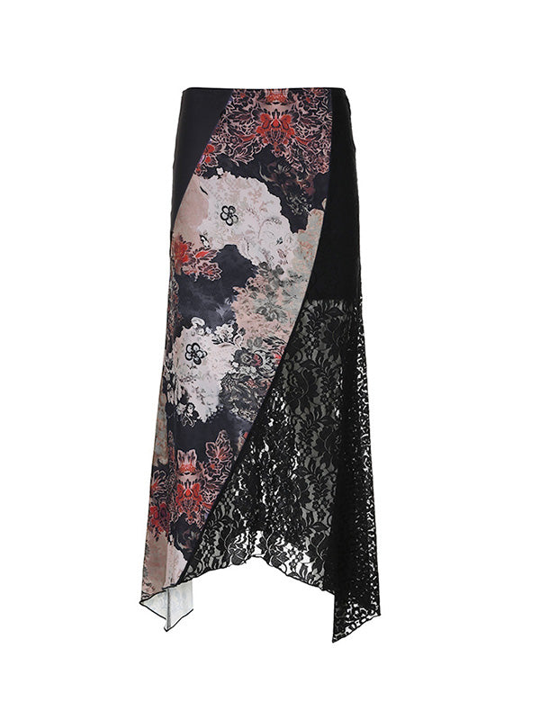 Dark Flower Print Splice Irregular Design Low Waist Midi Skirt
