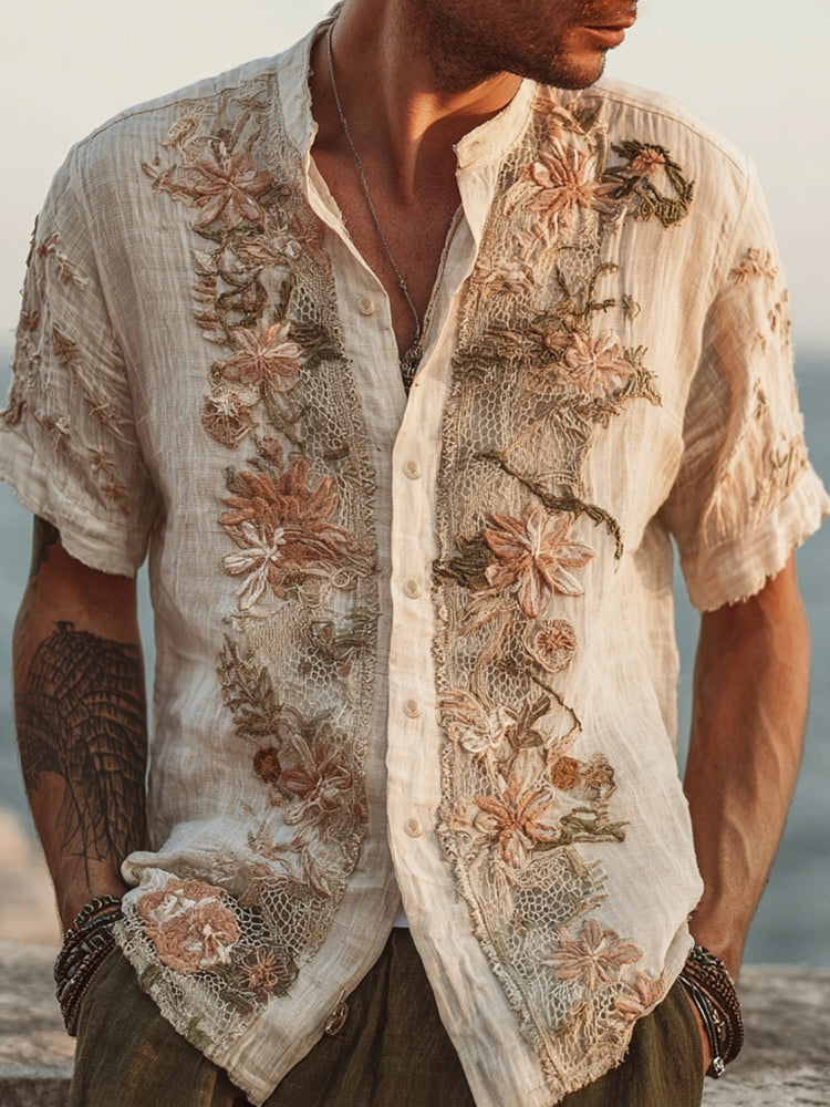 Boho Floral Lace Embroidered Men's Linen Short Sleeve Shirt elevenforest