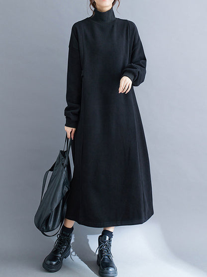 A-line Long Sleeves Color Mock Neck Midi Dresses