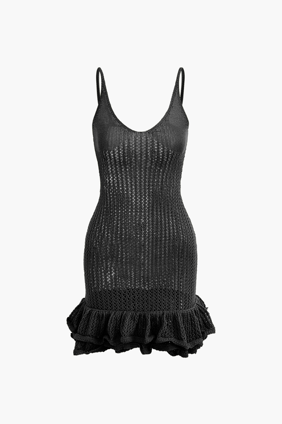 Color Open Knit Ruffle Hem Cami Mini Dress