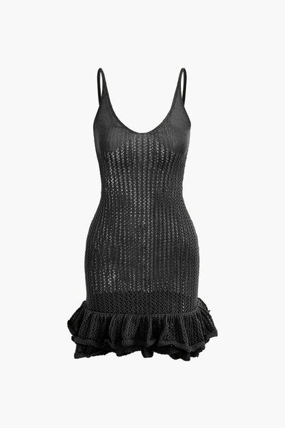 Color Open Knit Ruffle Hem Cami Mini Dress