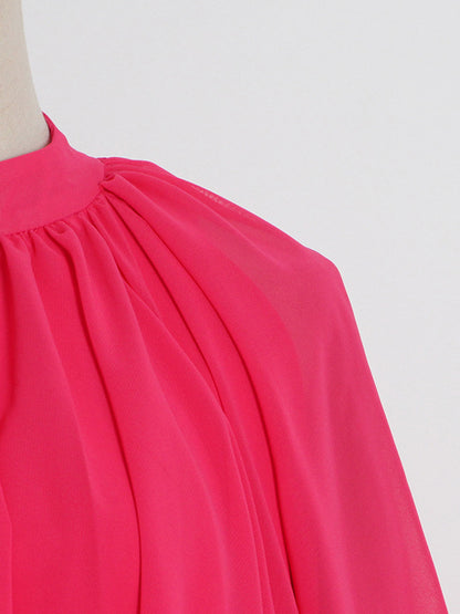Loose Raglan Sleeve Color Tiered Stand Collar Maxi Dresses