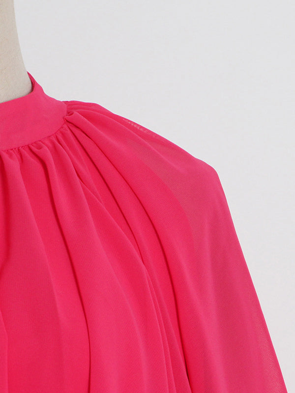 Loose Raglan Sleeve Color Tiered Stand Collar Maxi Dresses