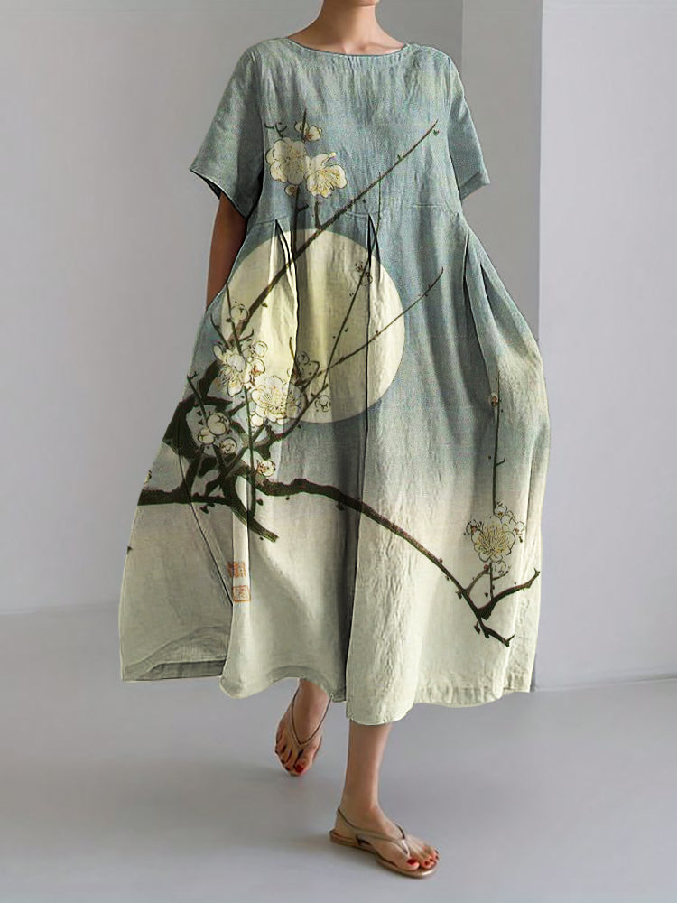 Plum Blossom Full Moon Gradient Japanese Art Linen Blend Maxi Dress elevenforest