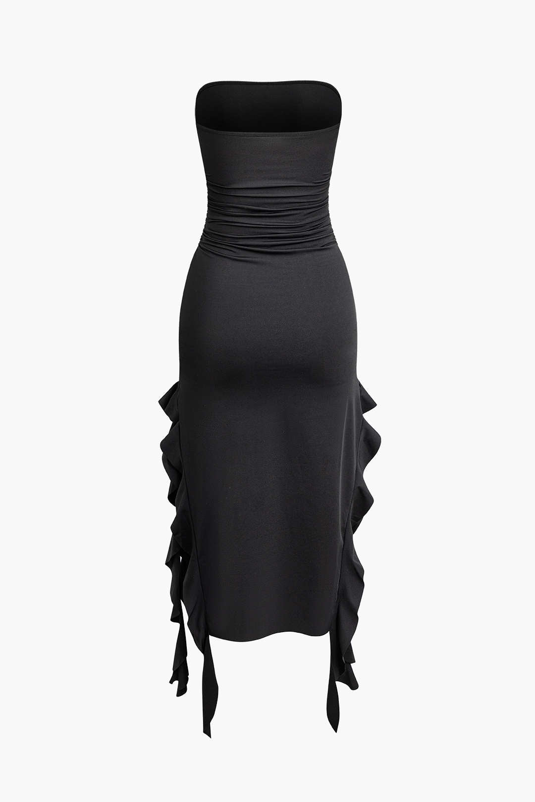 Color French Ruffle Hem Ruched Tube Maxi Dress