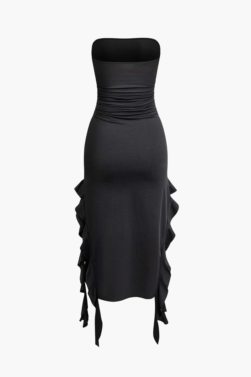 Color French Ruffle Hem Ruched Tube Maxi Dress