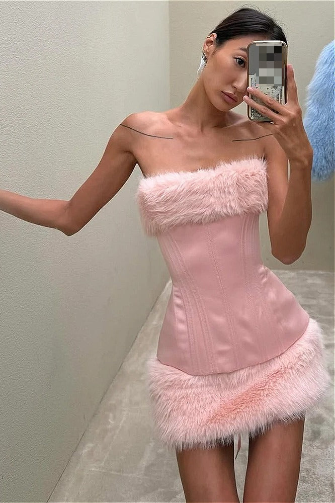 Fuzzy Paneled Tie Waist Mini Dress