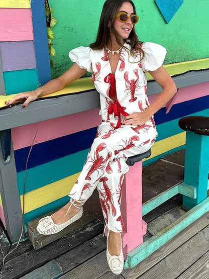 Cartoon Cray Printing Long Pants Set for Summer Short Sleeve Shirt High Waist Wide Leg Pant 2 Piece Sets Lady Outfits