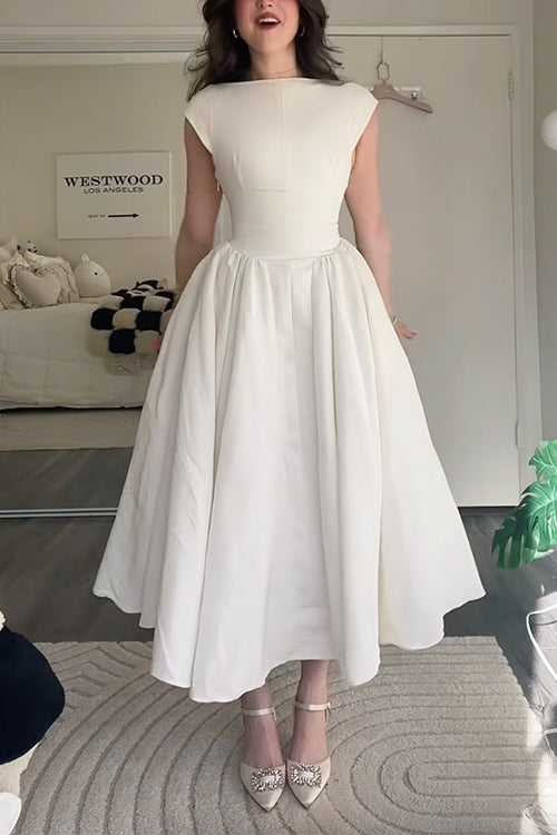 Cap Sleeves Open Back Waisted Swing Midi Dress