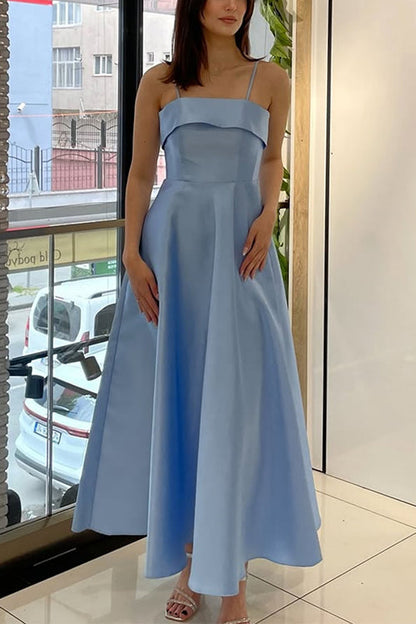 Spaghetti Strap Waisted A-line Satin Maxi Dress