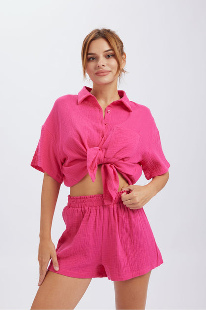 Color Short Sleeve Shirt Cotton Two-piece Shorts Set