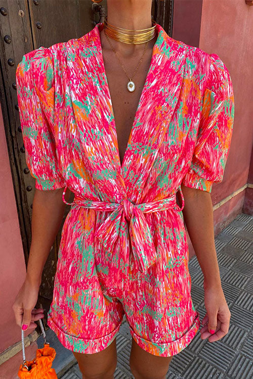 Deep V Neck Puff Sleeve Knot Waist Printed Romper