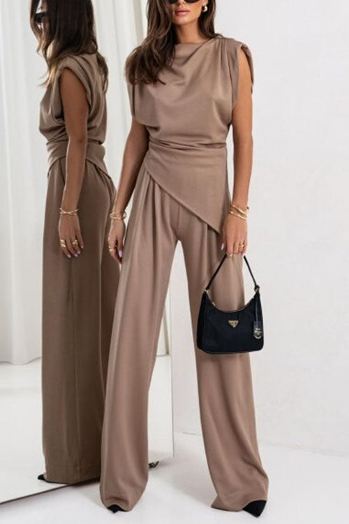 Moxidress Ruched Asymmetrical Top and Wide Leg Pants Set