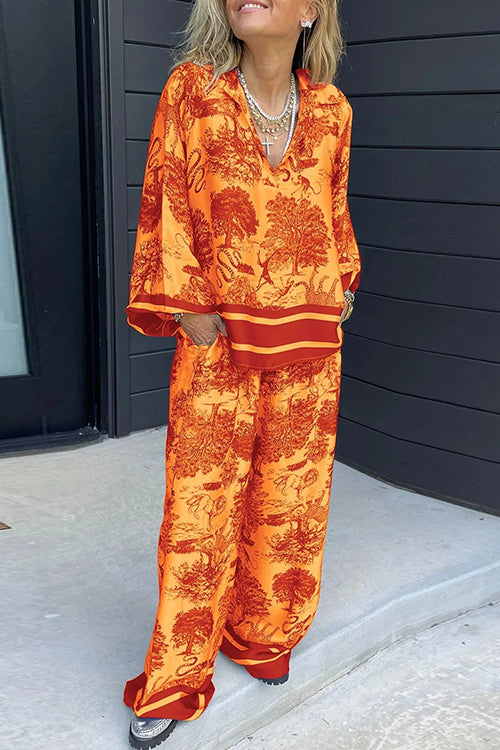 Lapel V Neck Long Sleeves Shirt Wide Leg Pants Printed Set