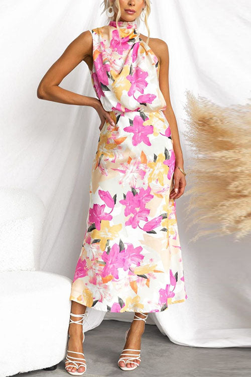 Mockneck Sleeveless Print Satin Maxi Dress